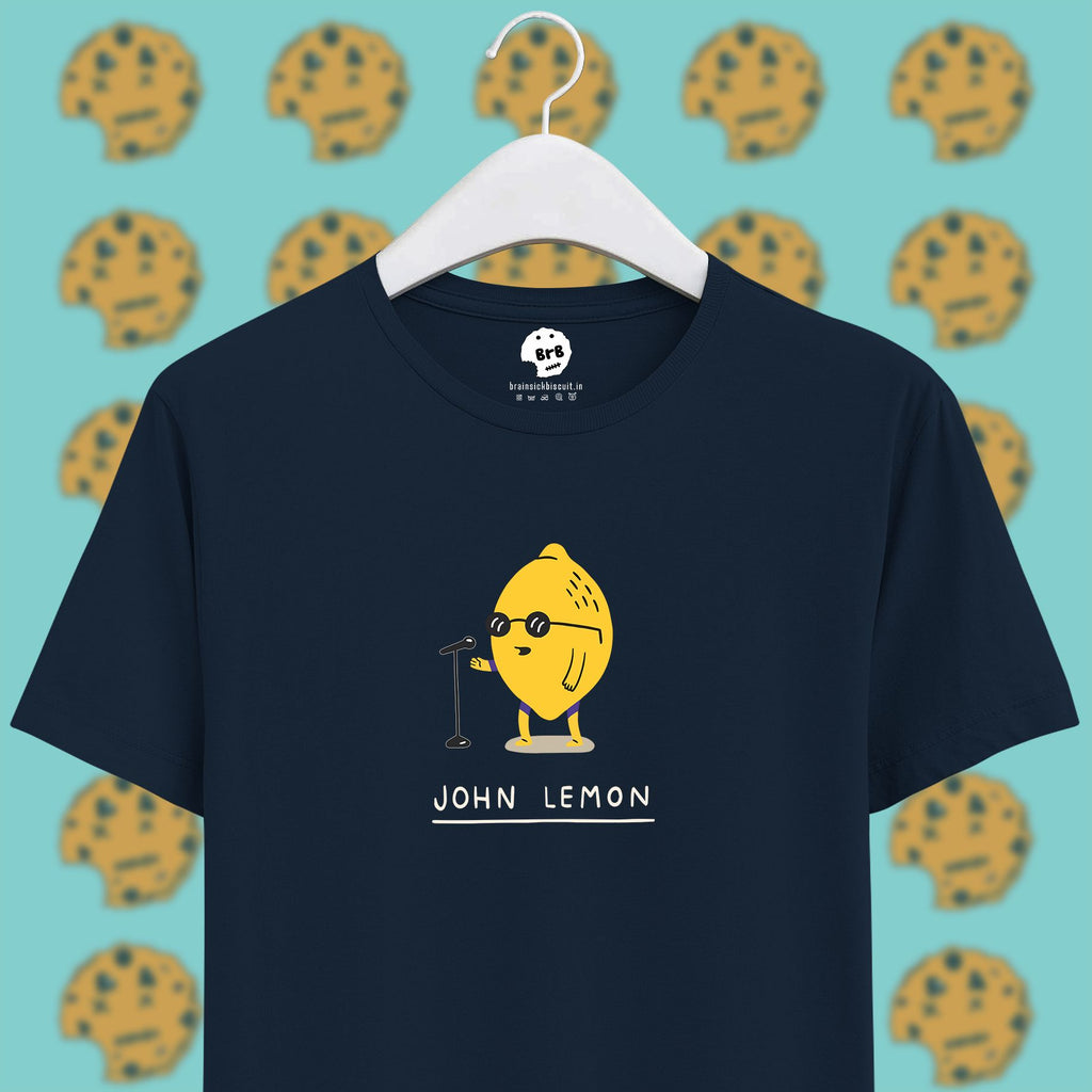 john lennon yellow lemon pun on navy blue half sleeves unisex t-shirt.