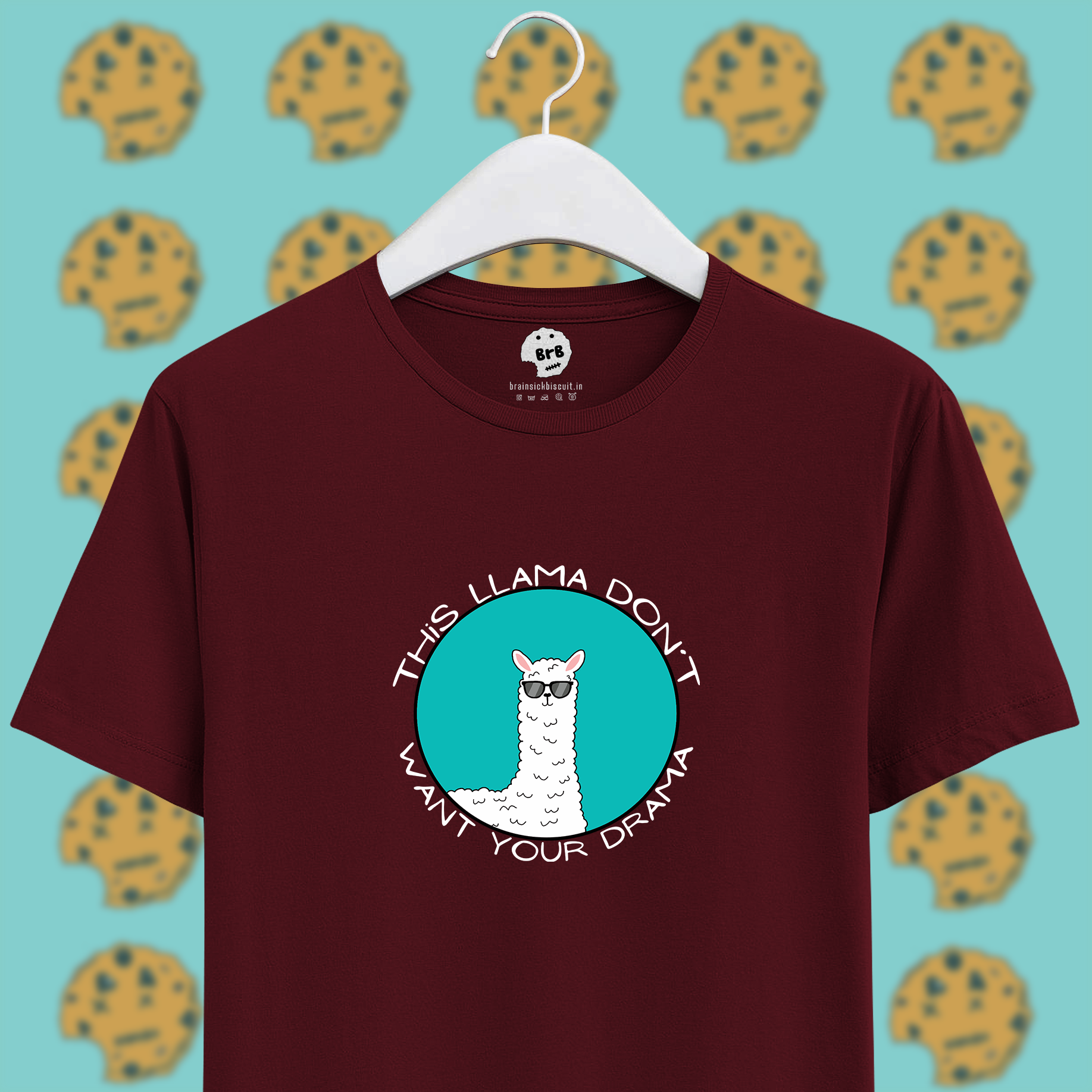Maroon unisex half sleeves t-shirt with drama llama pun.