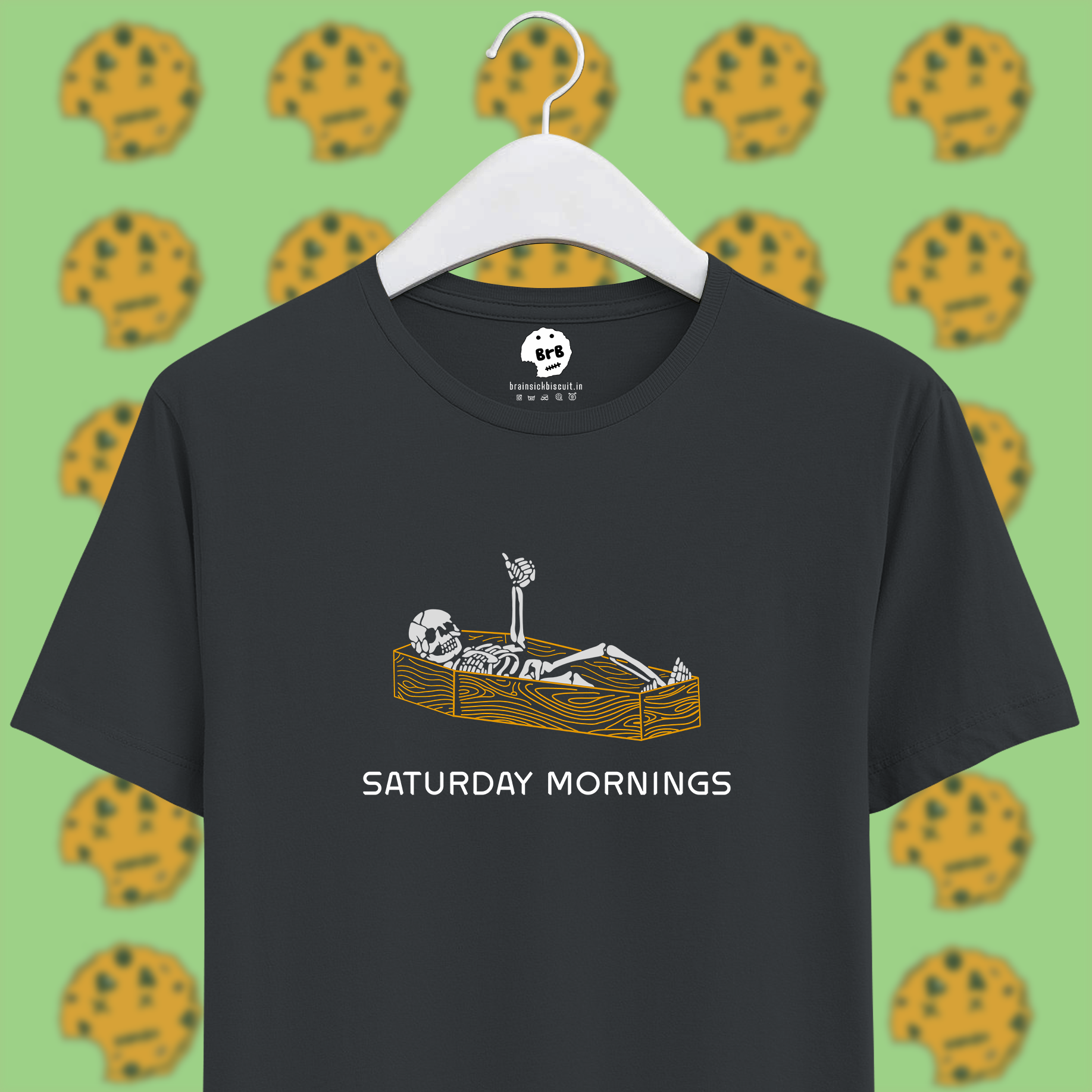 weekend saturday morning mood skeleton thumbs up on unisex half sleeve t-shirt brainsick biscuit