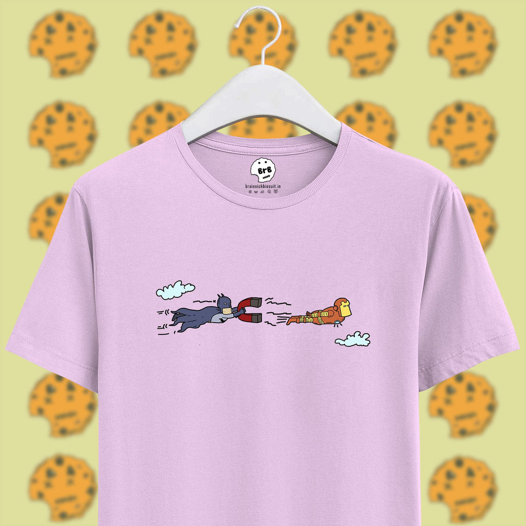 batman vs ironman using magnet on pink unisex half sleeves t-shirt