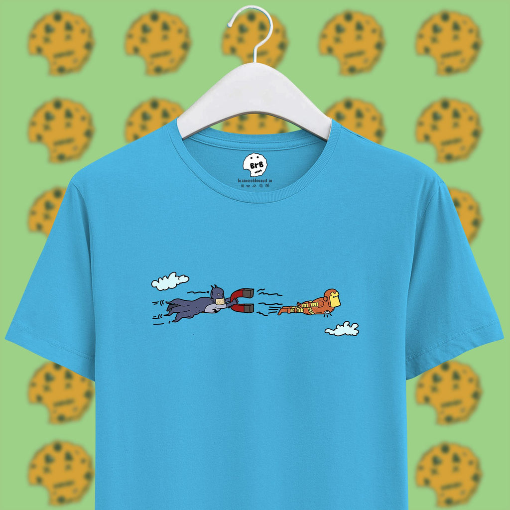 batman vs ironman using magnet on sky blue unisex half sleeves t-shirt