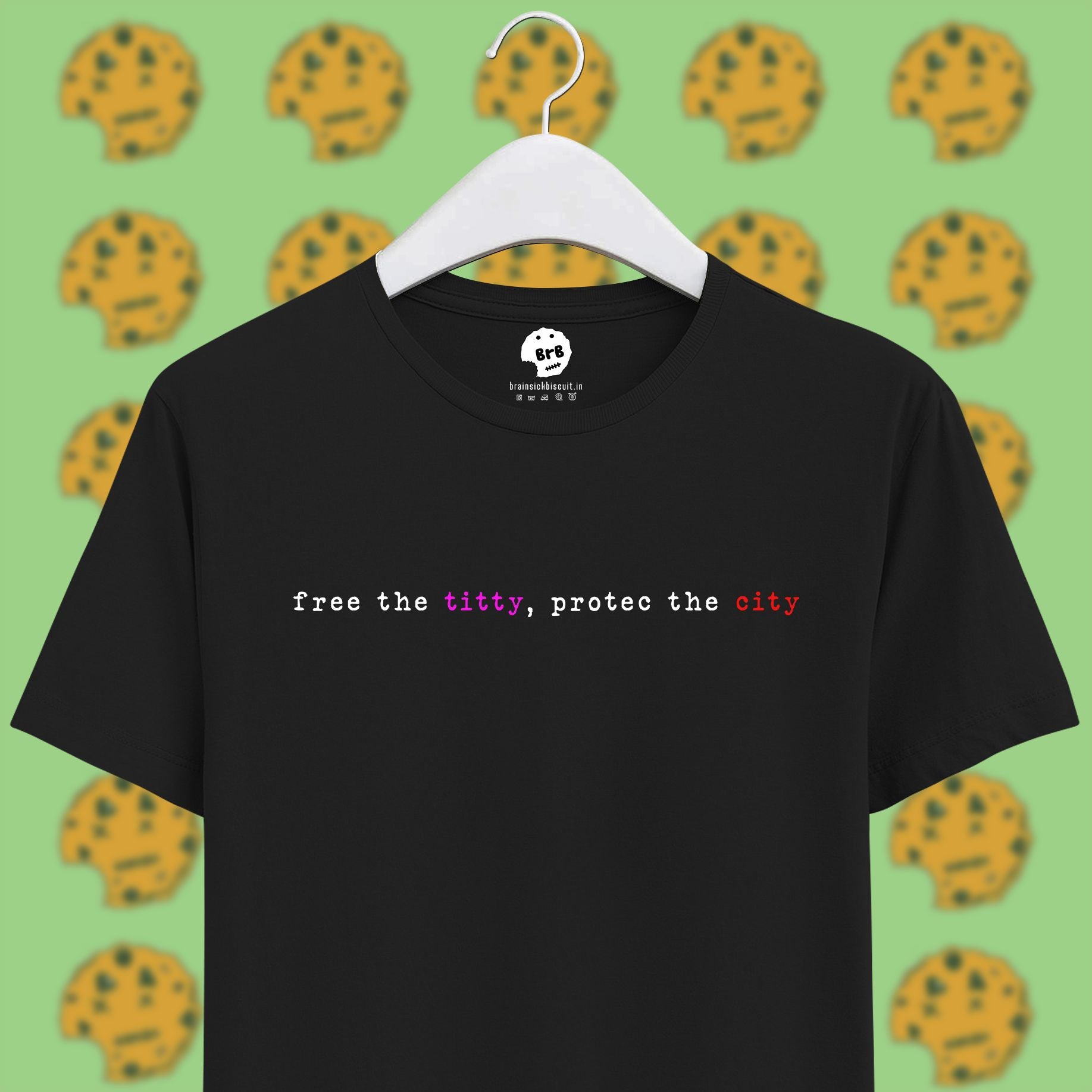black unisex half sleeves t-shirt with quote free the titty, protec the city