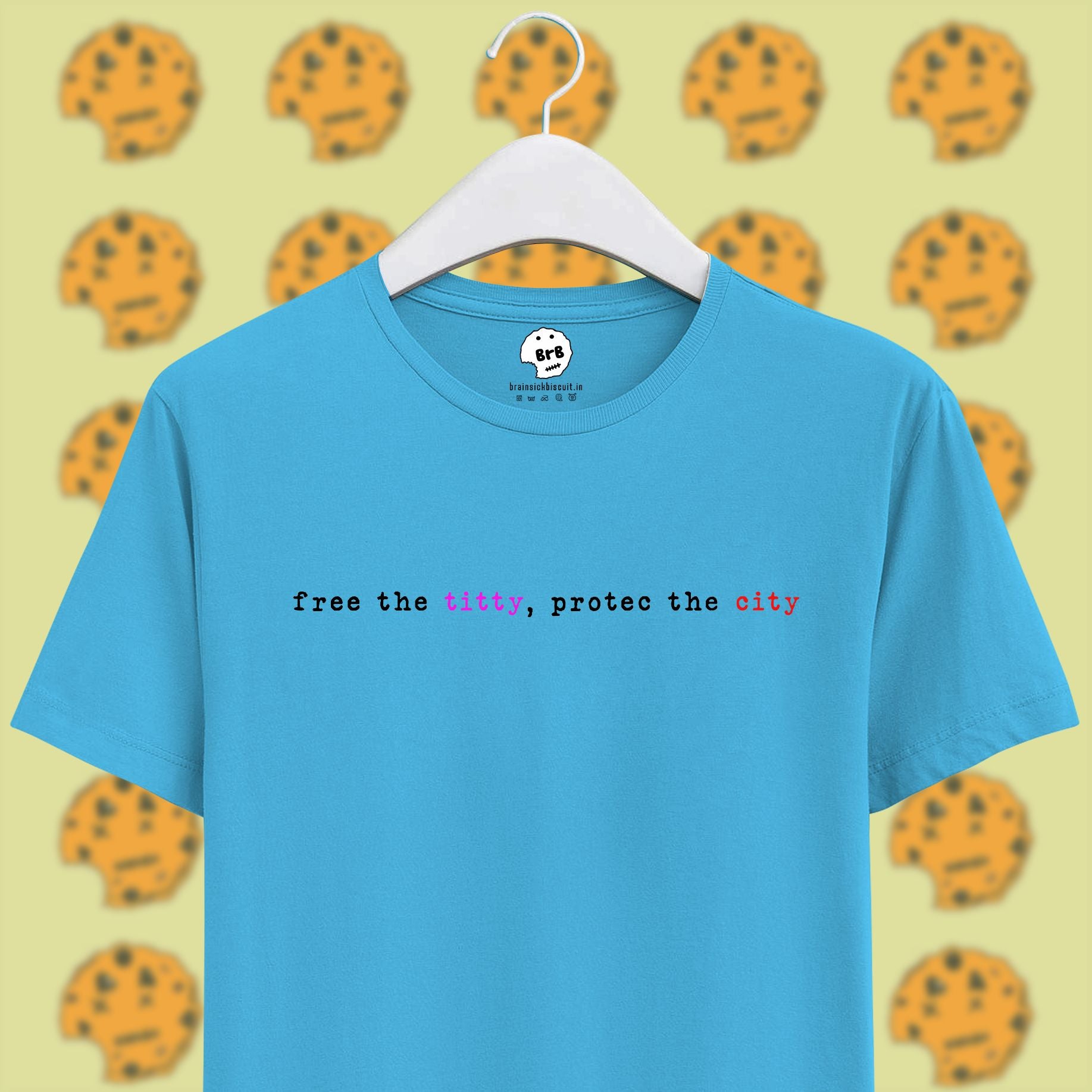 sky blue unisex half sleeves t-shirt with quote free the titty, protec the city
