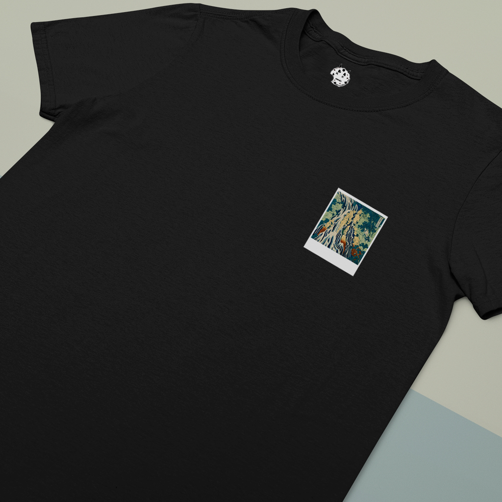 Polaroid of painting of waterfall on black t-shirt.